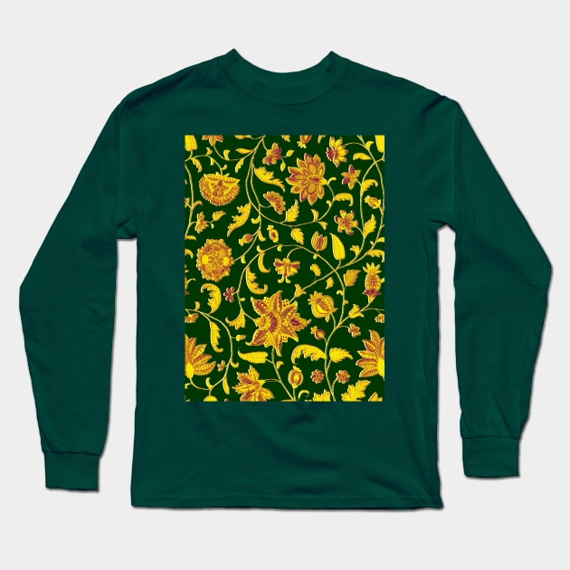 GREEN GOLD YELLOW GREEN POMEGRANATES ,POMEGRANATE FLOWERS, LEAVES Oriental Floral Swirls Long Sleeve T-Shirt by BulganLumini